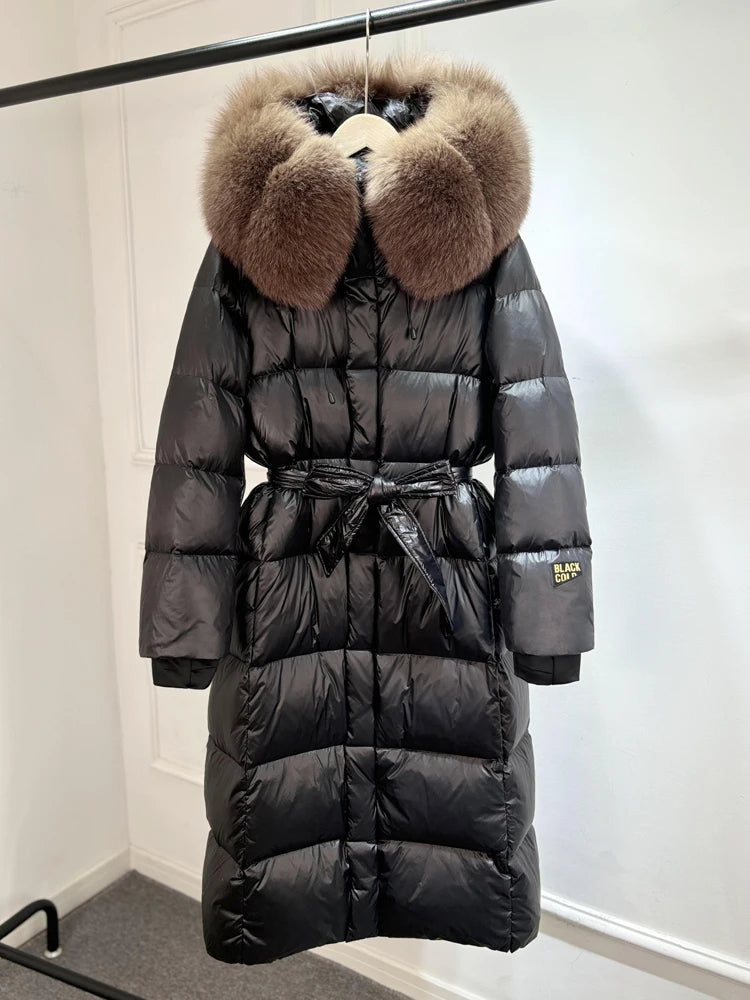 Janveny X-long Shiny Puffer Jacket Women Hooded Winter Thick Goose Down Coat Belt Large Natural Fox Fur Female Parkas Waterproof