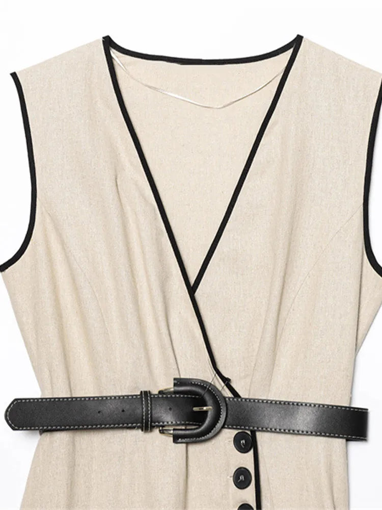 Y2K Patchwork V-neck Midi Dress With Belt Women Elegant Sleeveless Evening Party Tank Dress Summer Vacation Chic Beach Vestidos