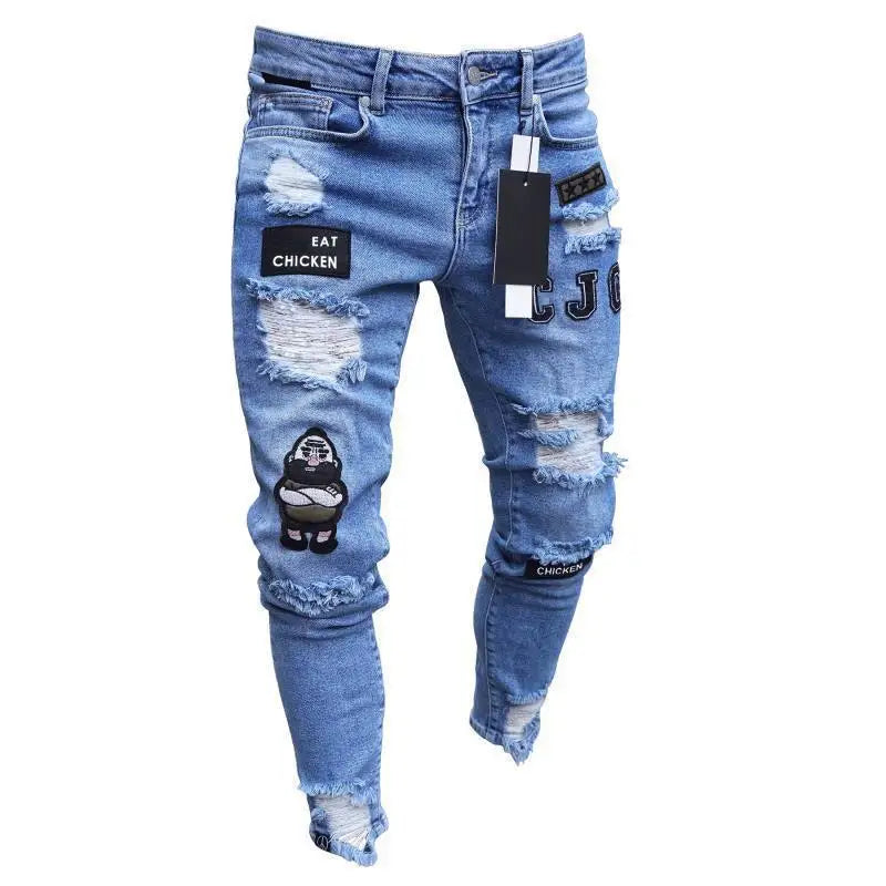 Mens Stretchy Ripped Skinny Embroidered Jeans Men's White Pants Destroyed Hole Slim Fit Denim High Quality Hip Hop Men trousers