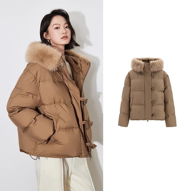TOYOUTH Women Down Jacket 2024 Winter New 90% White Duck Down Fur Collar Hooded Warm Jacket Coat