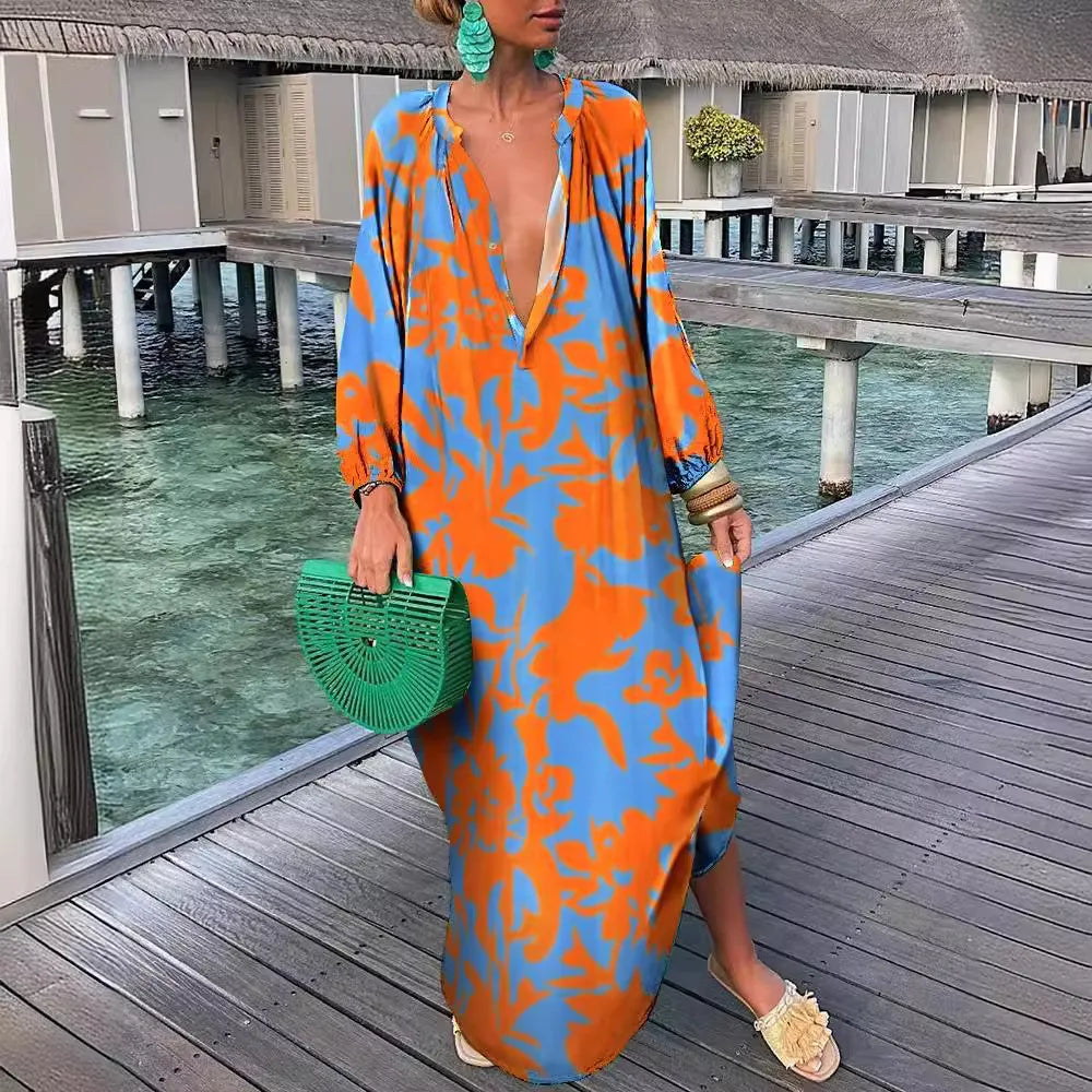 Women Maxi Dresses Summer Long Sleeve V-Neck Dress Fashion Printed Female Vacation Beach Long Dress Lady Elegant Loose Robes