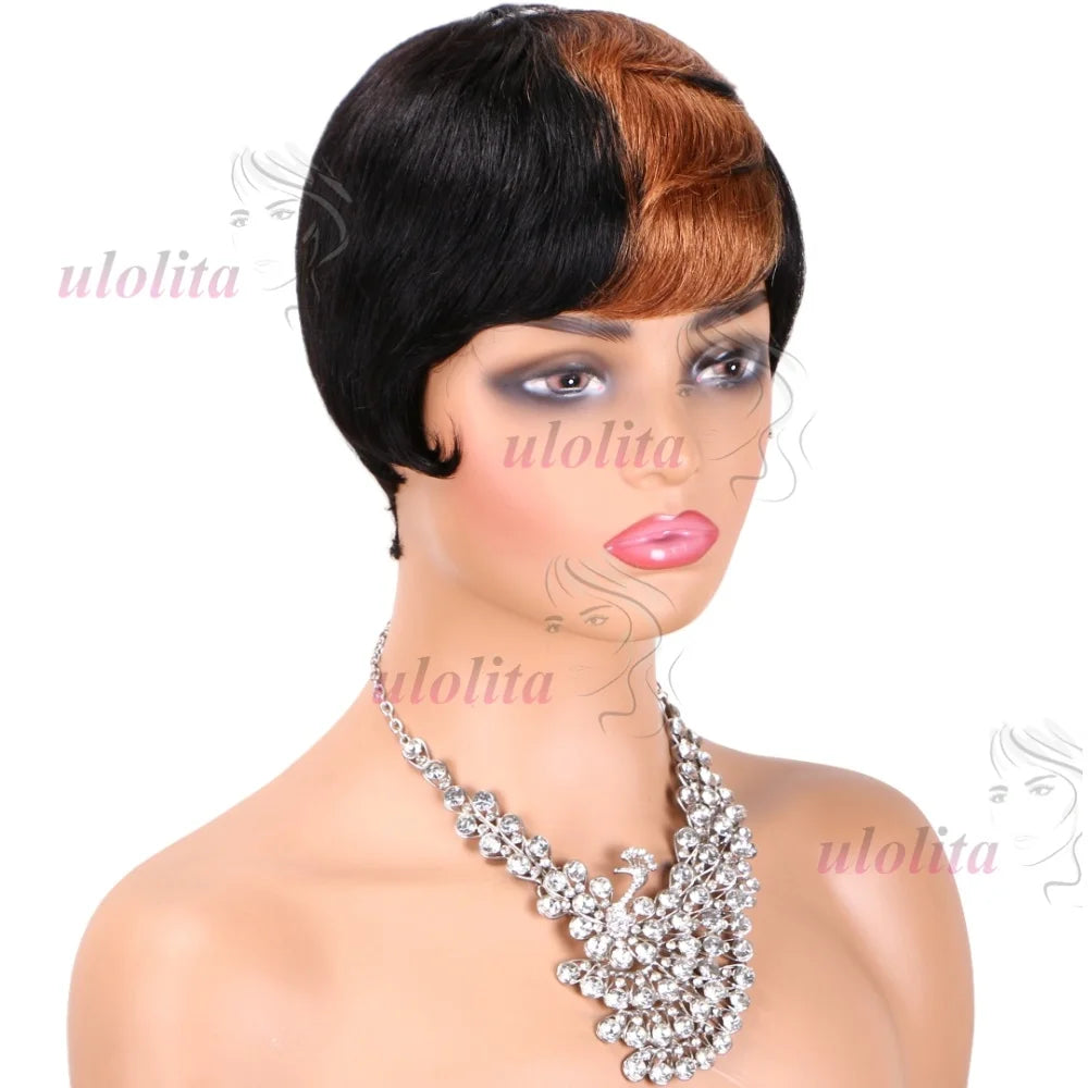 Pixie Cut Wig for Women Glueless Wig With Bangs Virgin Brazilian Remy Human Hair Wig Black Brown Highlight Short Straight Wig