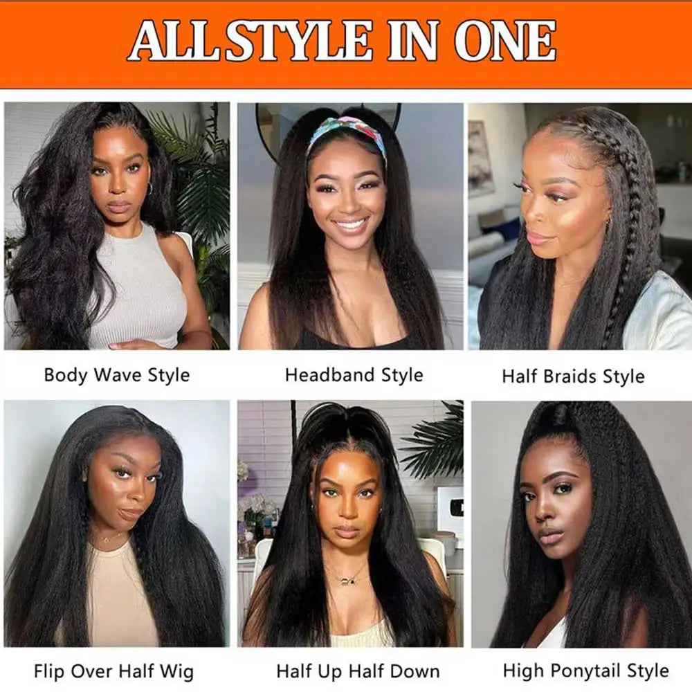 ﻿ Kinky Straight Half Wig Human Hair Ready to Wear 3 IN 1 Half Wig Human Hair Glueless Wig Drawstring Yaki Straight Half  Wig