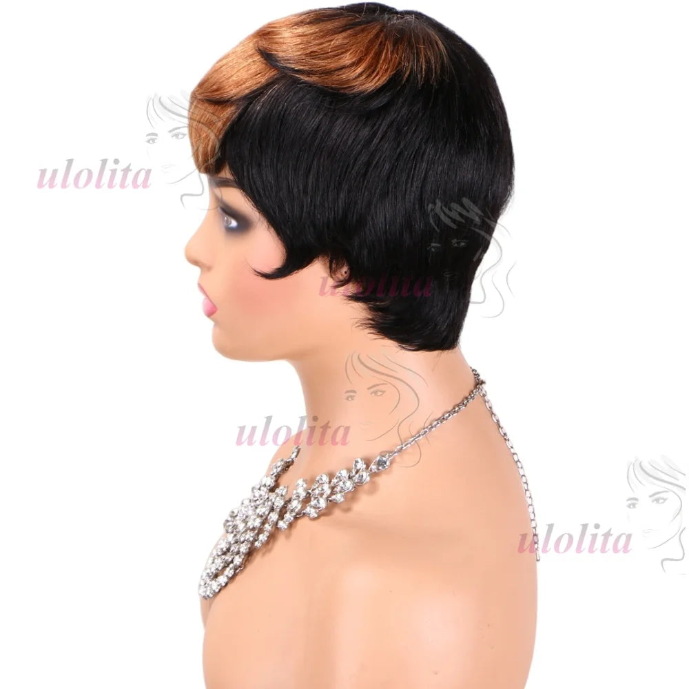 Pixie Cut Wig for Women Glueless Wig With Bangs Virgin Brazilian Remy Human Hair Wig Black Brown Highlight Short Straight Wig