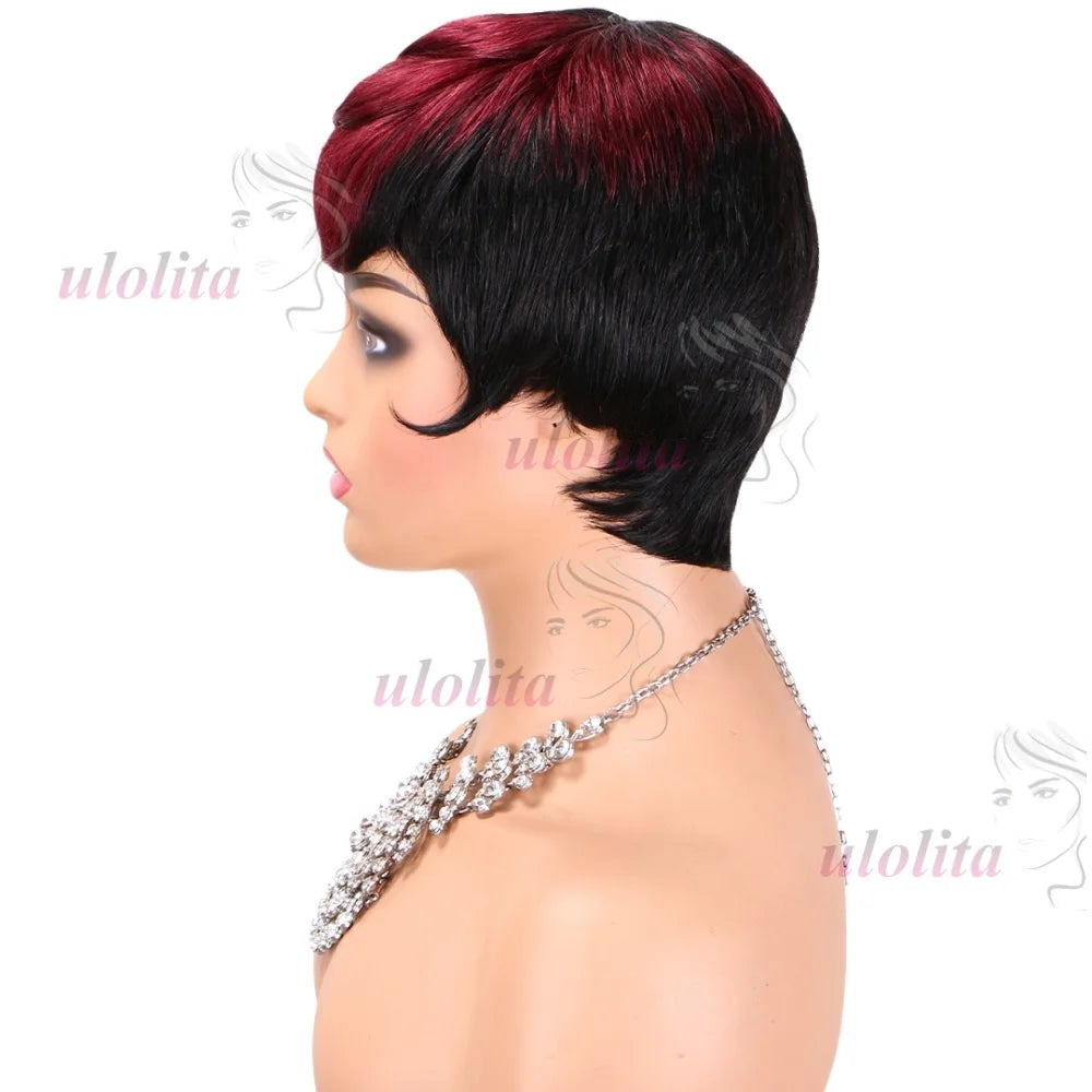 Pixie Cut Wig for Women Glueless Wig With Bangs Virgin Brazilian Remy Human Hair Wig Black Brown Highlight Short Straight Wig
