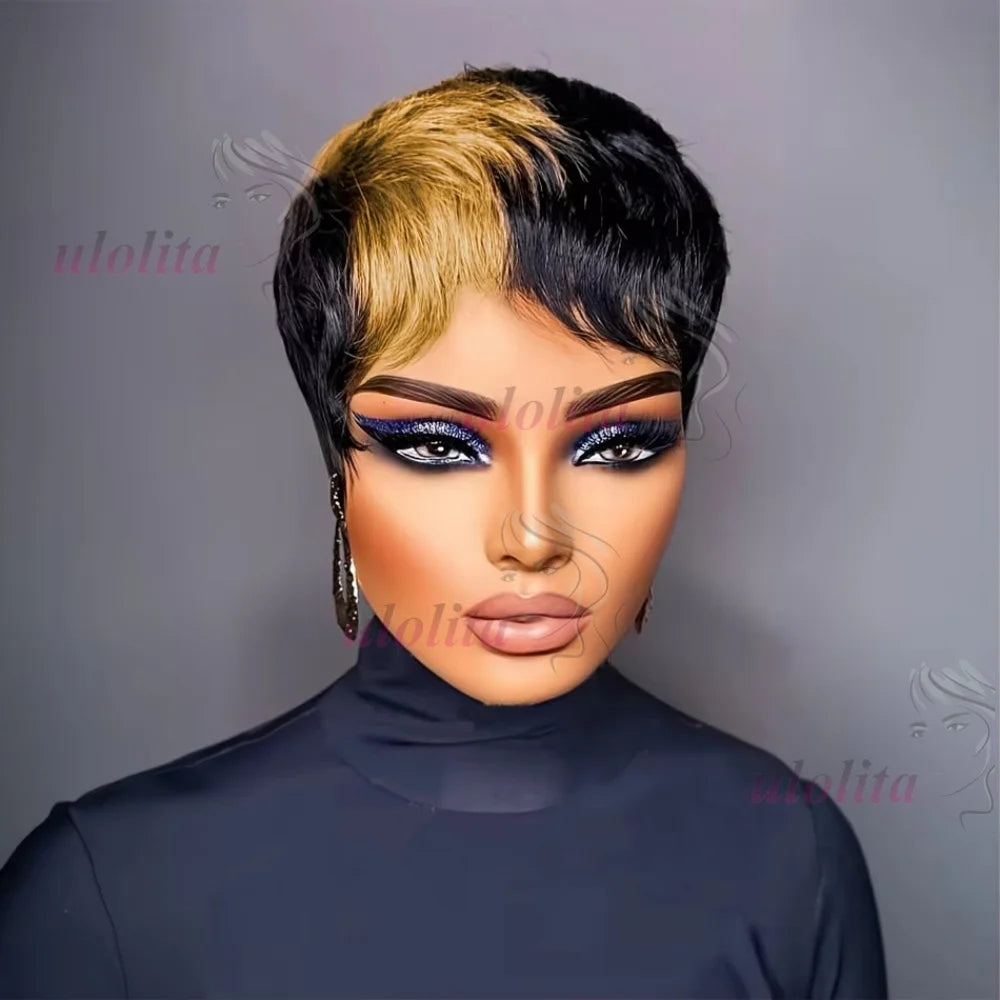 Pixie Cut Wig for Women Glueless Wig With Bangs Virgin Brazilian Remy Human Hair Wig Black Brown Highlight Short Straight Wig