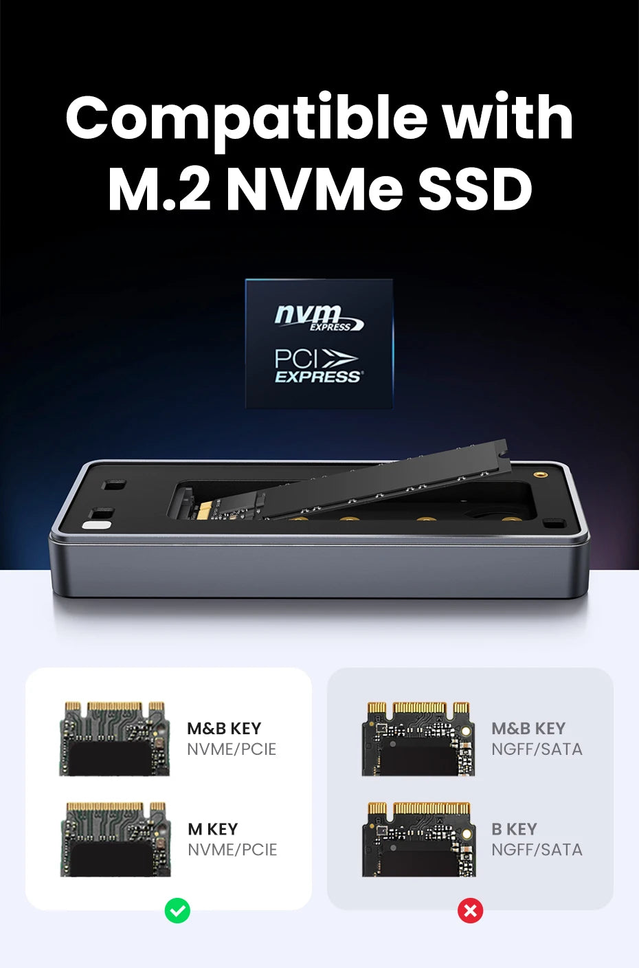 UGREEN 20Gbps NVMe SSD Case SSD Enclosure M.2 to USB3.2 Gen2x2 SSD Adapter for M.2 NVME PCIE Built-in Cooling Vest Aluminum Case