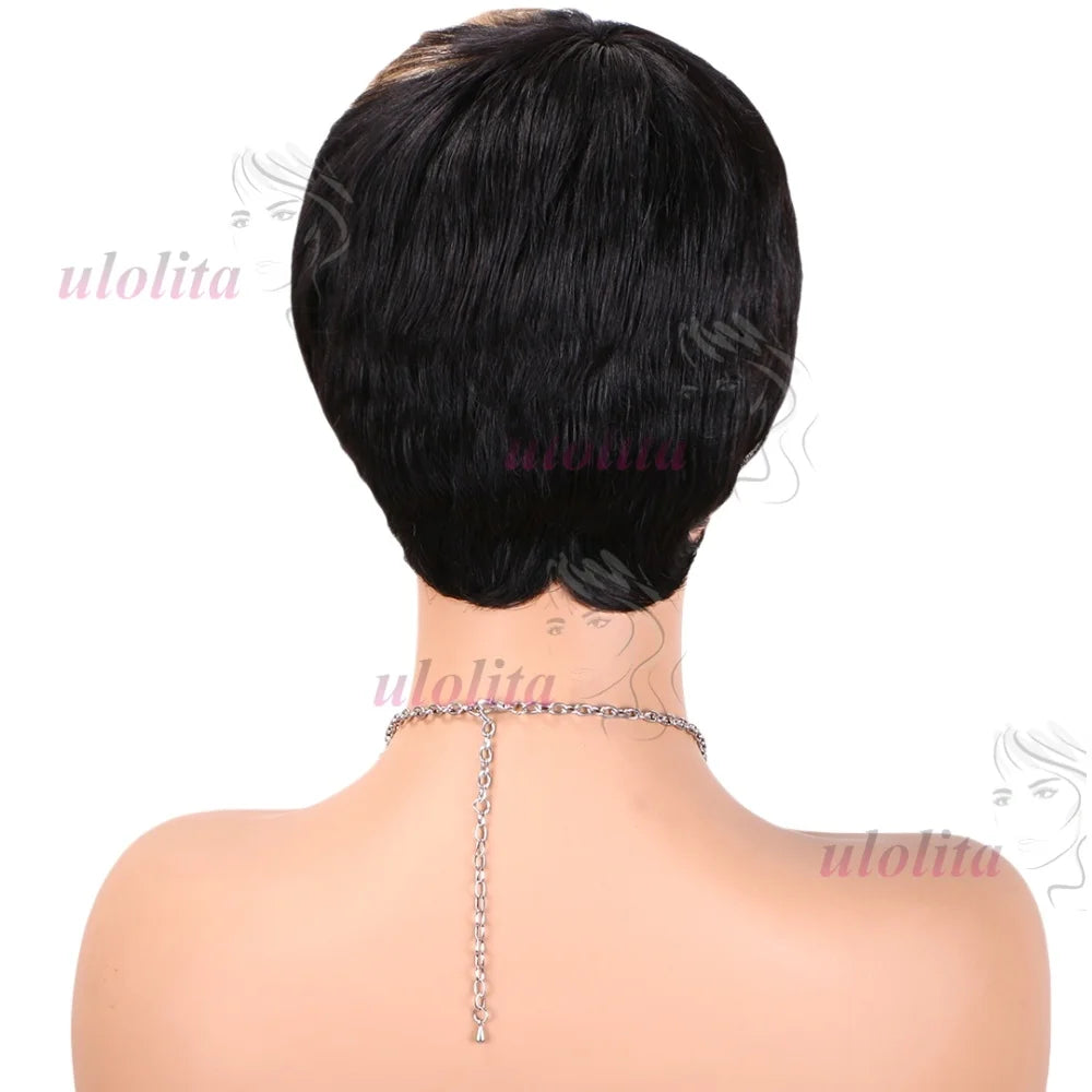 Pixie Cut Wig for Women Glueless Wig With Bangs Virgin Brazilian Remy Human Hair Wig Black Brown Highlight Short Straight Wig