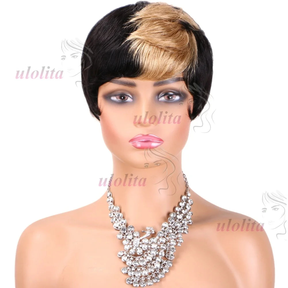 Pixie Cut Wig for Women Glueless Wig With Bangs Virgin Brazilian Remy Human Hair Wig Black Brown Highlight Short Straight Wig