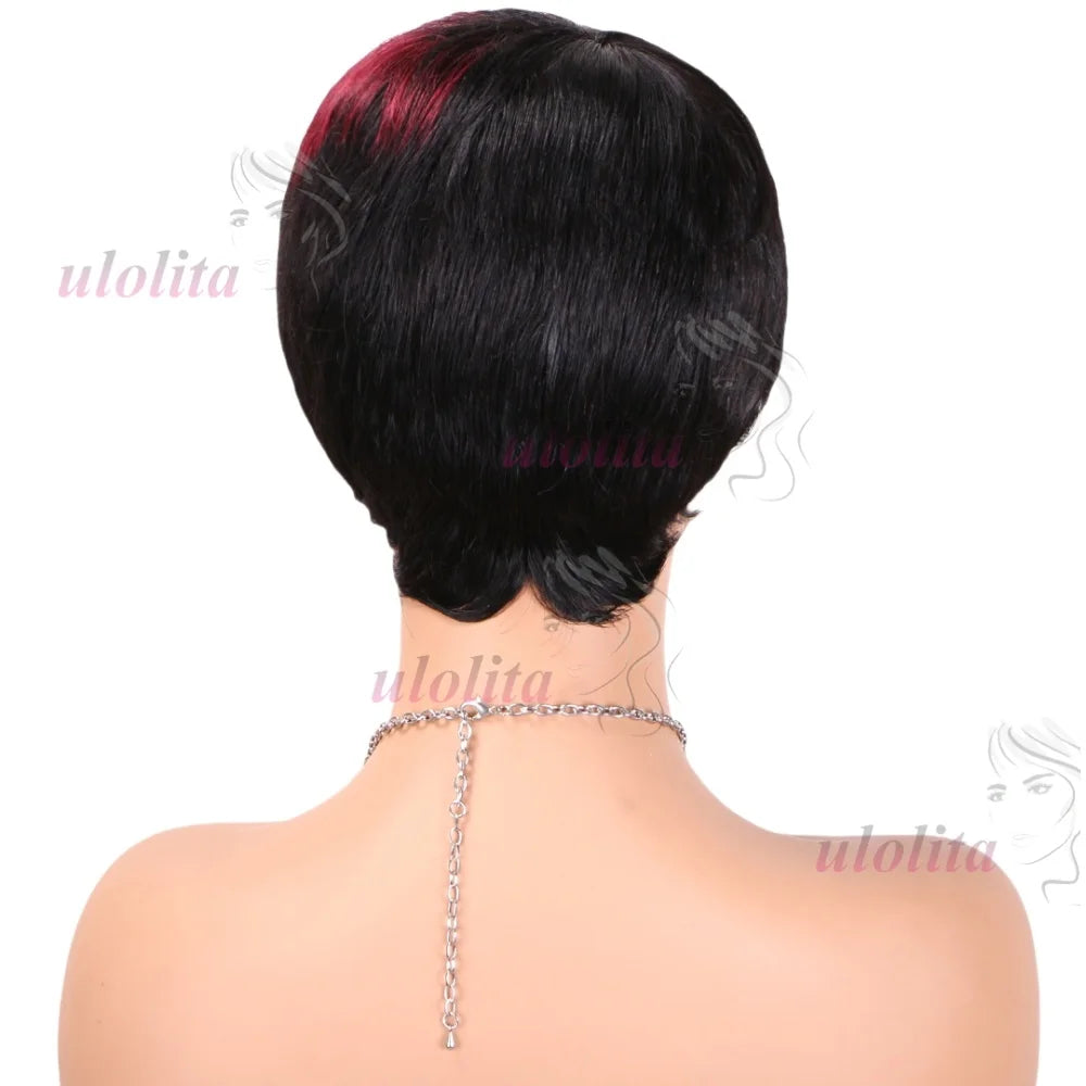 Pixie Cut Wig for Women Glueless Wig With Bangs Virgin Brazilian Remy Human Hair Wig Black Brown Highlight Short Straight Wig