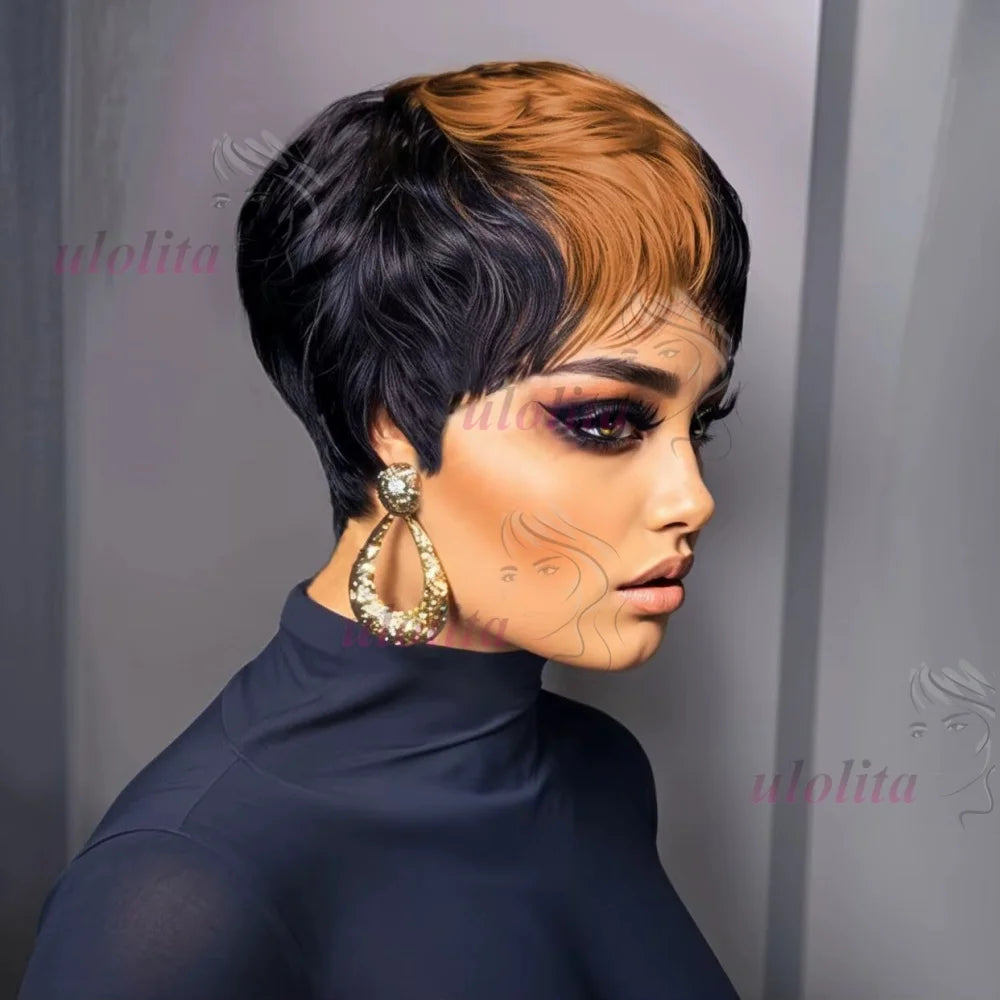 Pixie Cut Wig for Women Glueless Wig With Bangs Virgin Brazilian Remy Human Hair Wig Black Brown Highlight Short Straight Wig
