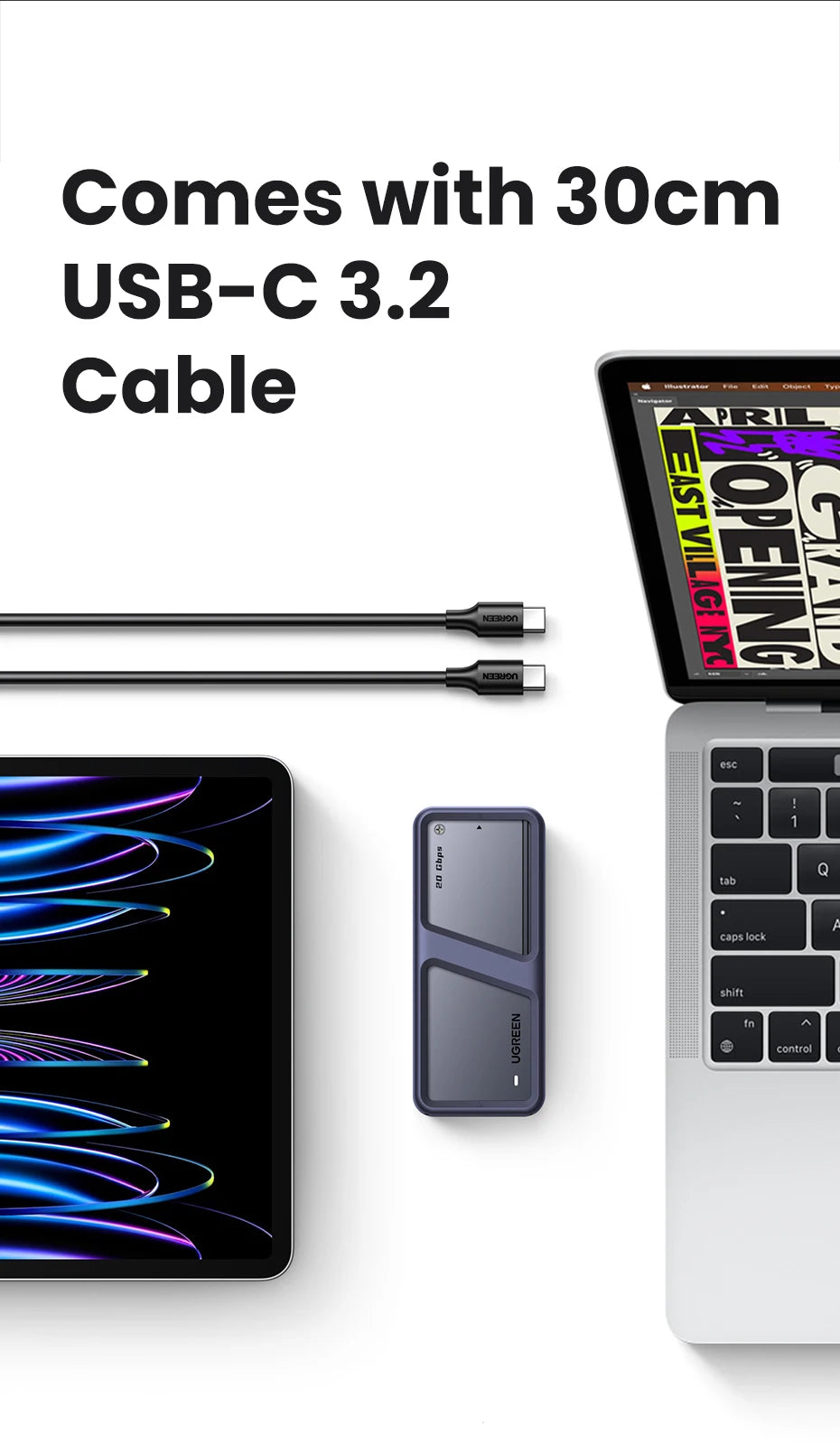 UGREEN 20Gbps NVMe SSD Case SSD Enclosure M.2 to USB3.2 Gen2x2 SSD Adapter for M.2 NVME PCIE Built-in Cooling Vest Aluminum Case