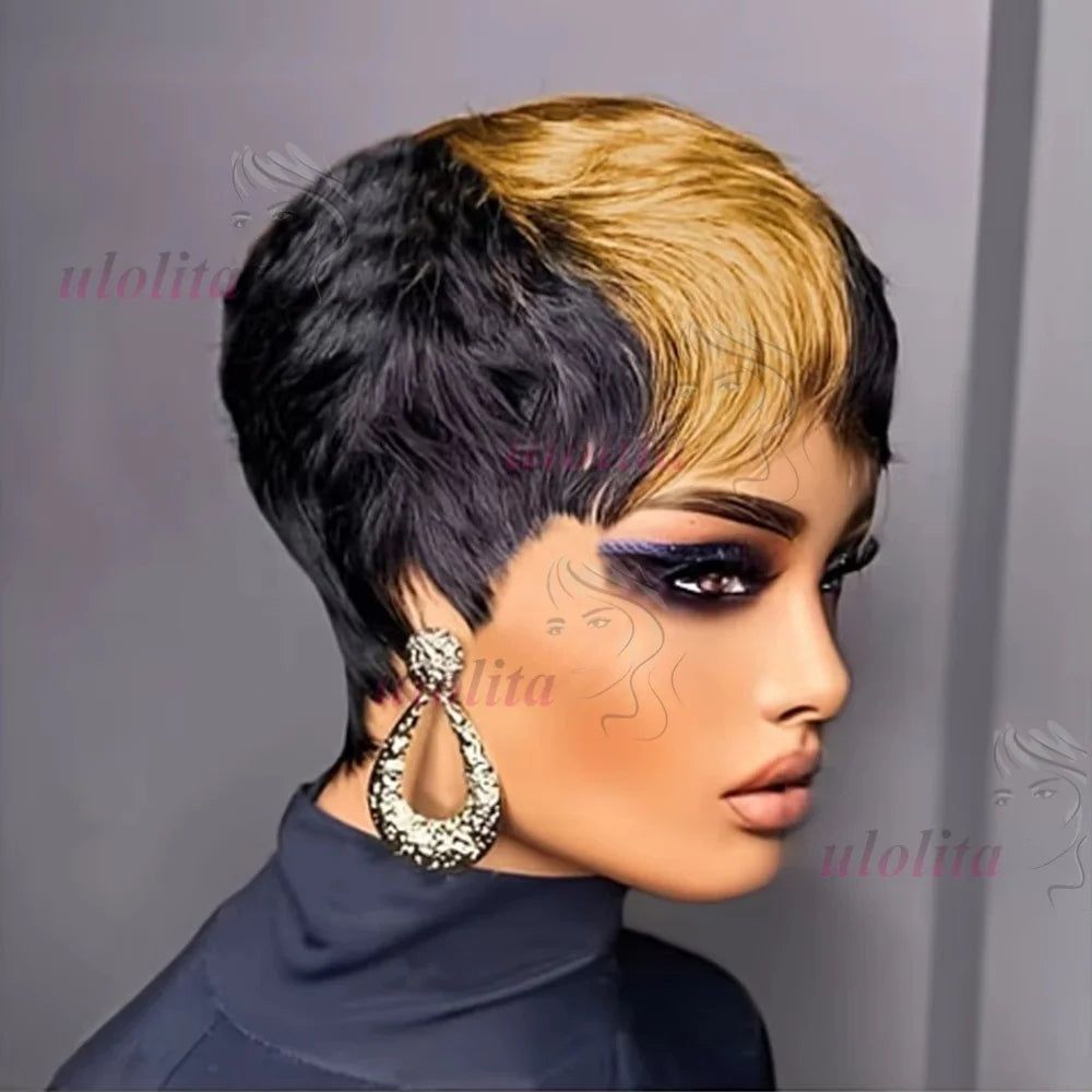 Pixie Cut Wig for Women Glueless Wig With Bangs Virgin Brazilian Remy Human Hair Wig Black Brown Highlight Short Straight Wig