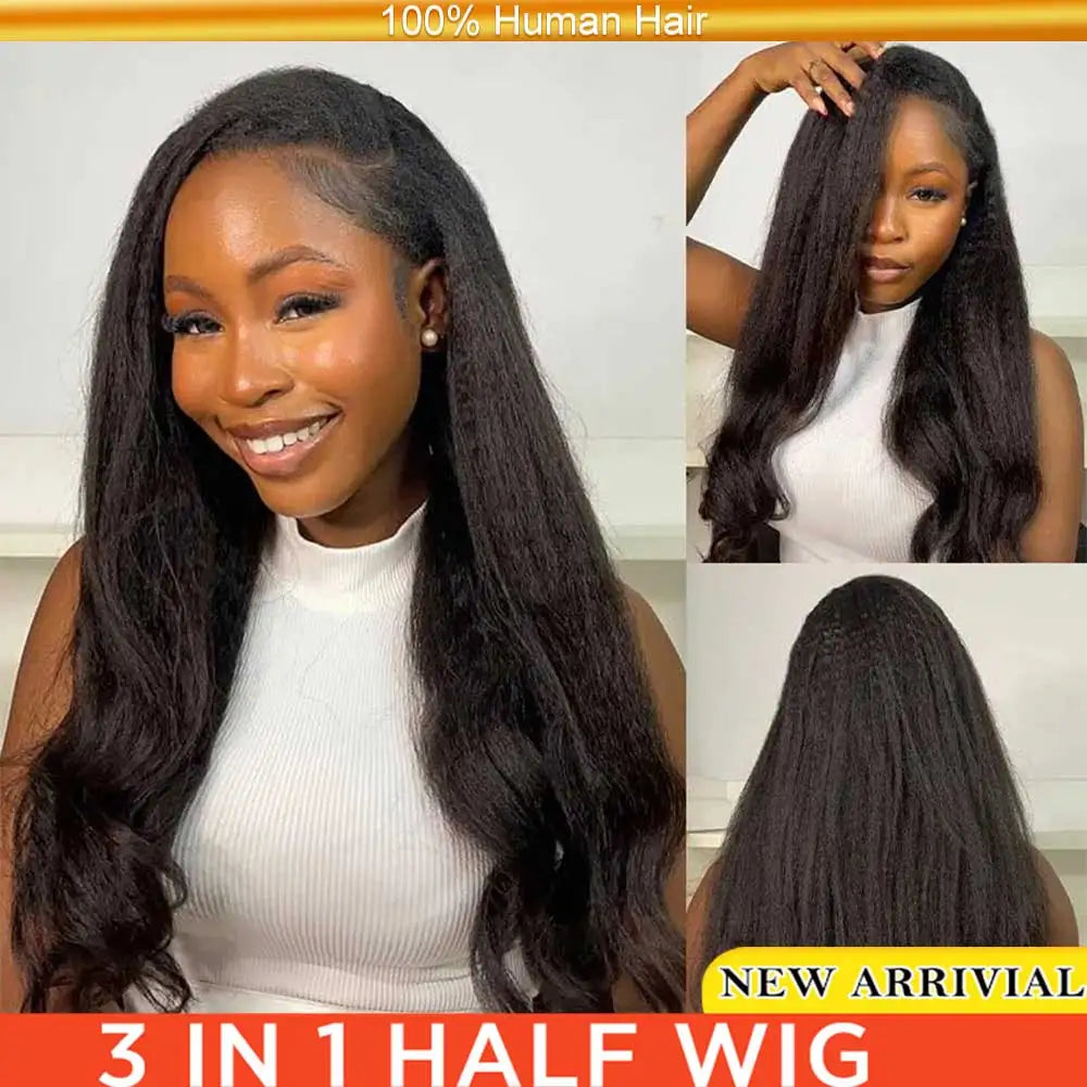 ﻿ Kinky Straight Half Wig Human Hair Ready to Wear 3 IN 1 Half Wig Human Hair Glueless Wig Drawstring Yaki Straight Half  Wig