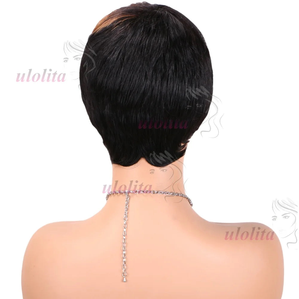 Pixie Cut Wig for Women Glueless Wig With Bangs Virgin Brazilian Remy Human Hair Wig Black Brown Highlight Short Straight Wig