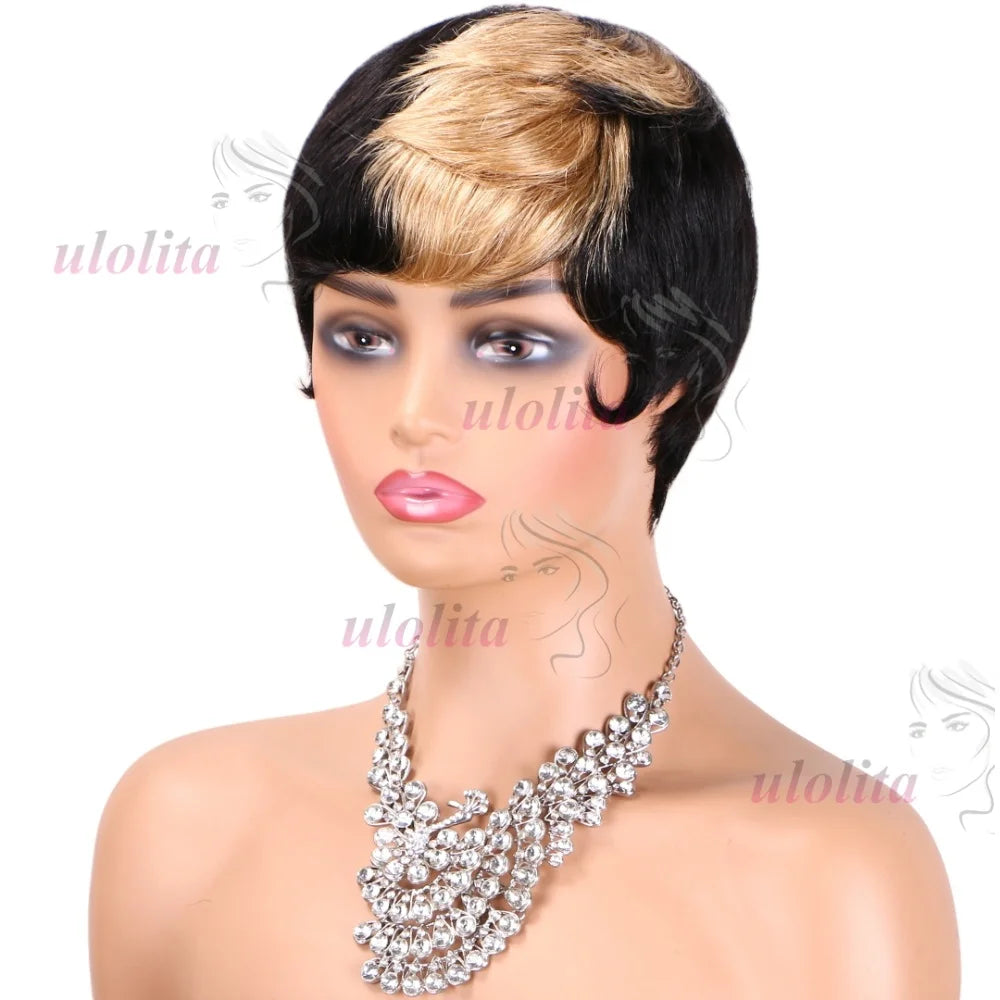 Pixie Cut Wig for Women Glueless Wig With Bangs Virgin Brazilian Remy Human Hair Wig Black Brown Highlight Short Straight Wig