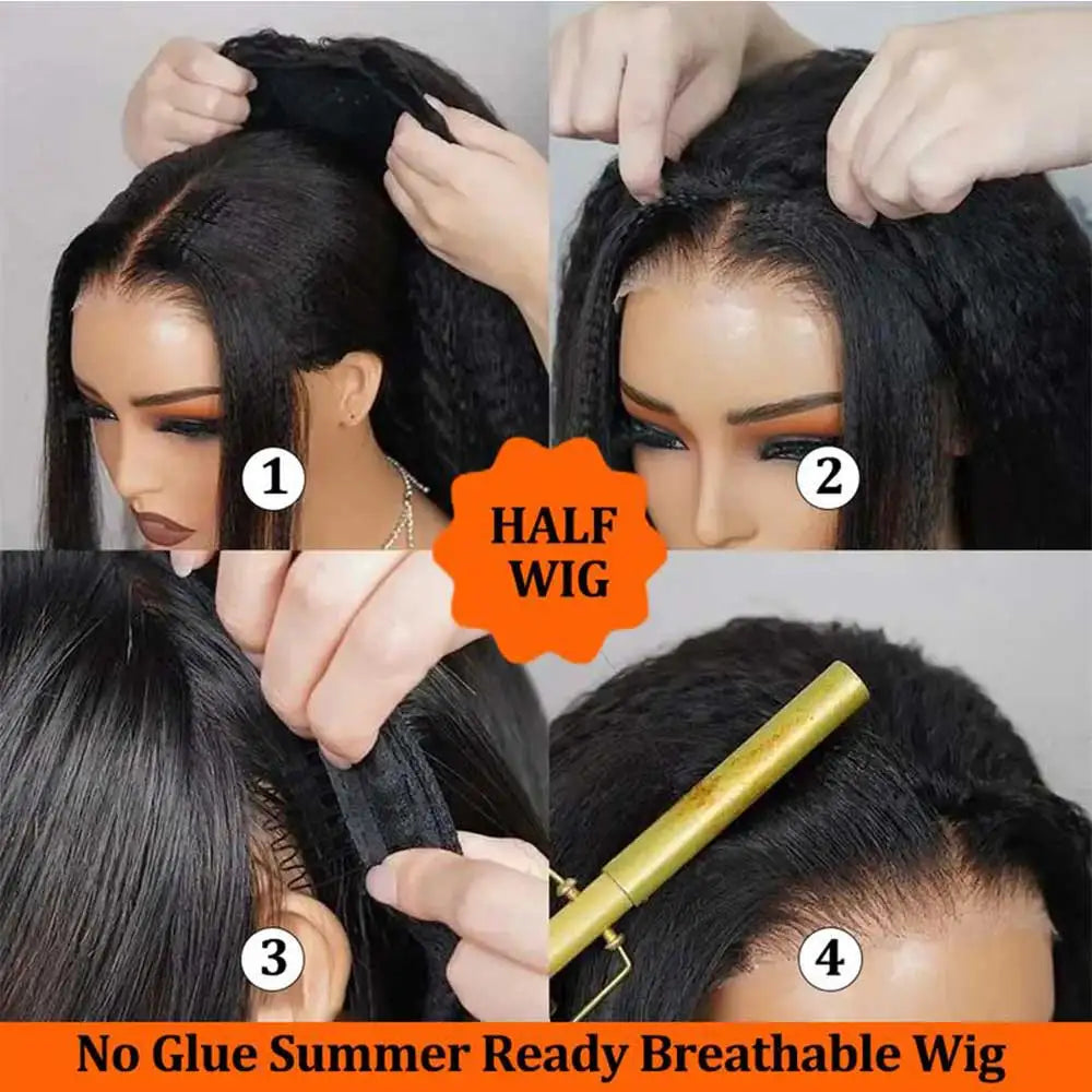 ﻿ Kinky Straight Half Wig Human Hair Ready to Wear 3 IN 1 Half Wig Human Hair Glueless Wig Drawstring Yaki Straight Half  Wig