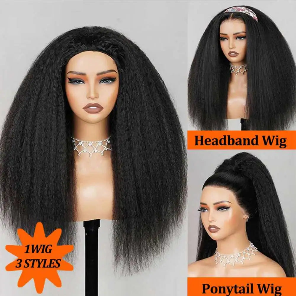﻿ Kinky Straight Half Wig Human Hair Ready to Wear 3 IN 1 Half Wig Human Hair Glueless Wig Drawstring Yaki Straight Half  Wig