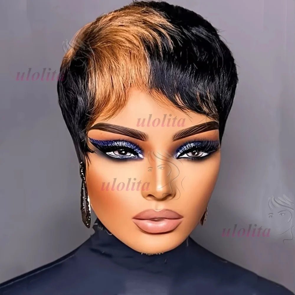 Pixie Cut Wig for Women Glueless Wig With Bangs Virgin Brazilian Remy Human Hair Wig Black Brown Highlight Short Straight Wig