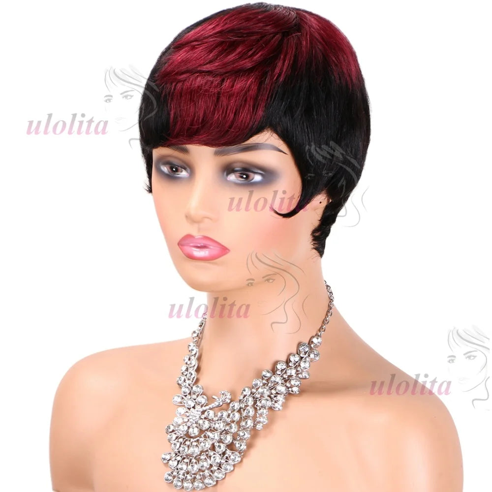 Pixie Cut Wig for Women Glueless Wig With Bangs Virgin Brazilian Remy Human Hair Wig Black Brown Highlight Short Straight Wig