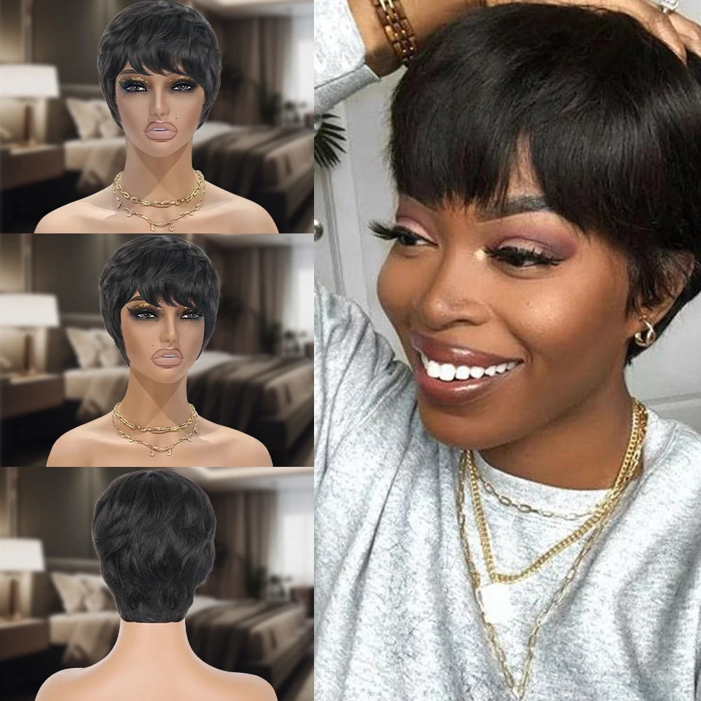 Layered Pixie Wig Human Hair For Black Women Full Machine Made Wigs With Bangs Short Bob Pixie Cut Brazilian Human Hair Wigs