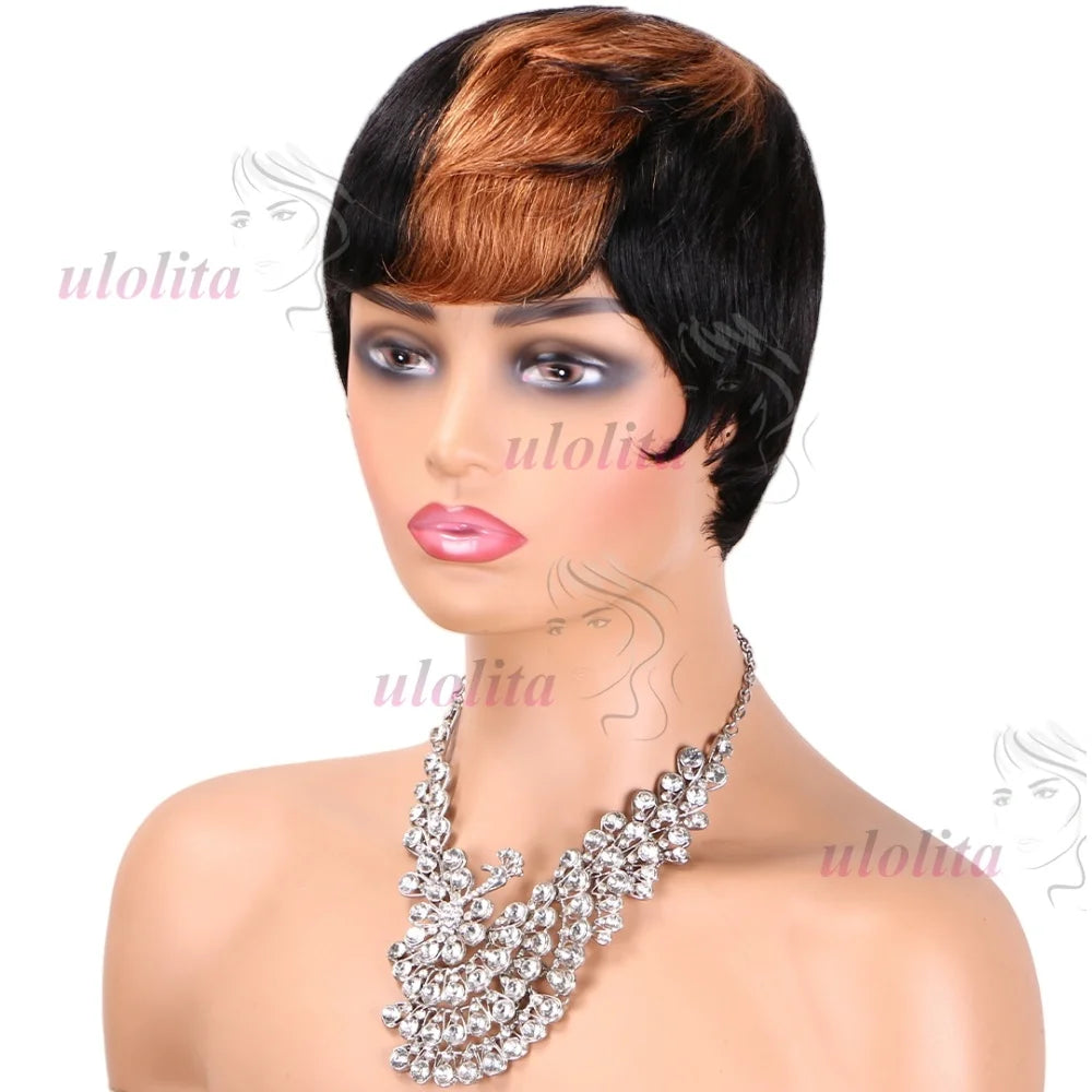 Pixie Cut Wig for Women Glueless Wig With Bangs Virgin Brazilian Remy Human Hair Wig Black Brown Highlight Short Straight Wig