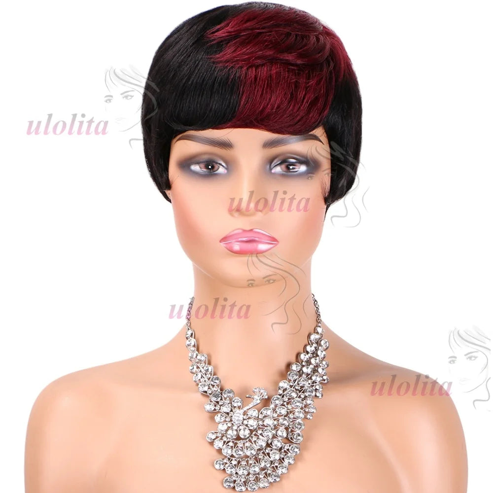 Pixie Cut Wig for Women Glueless Wig With Bangs Virgin Brazilian Remy Human Hair Wig Black Brown Highlight Short Straight Wig