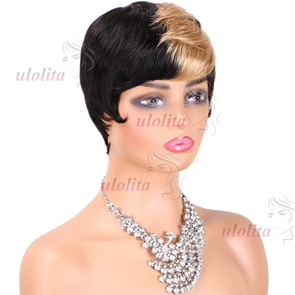 Pixie Cut Wig for Women Glueless Wig With Bangs Virgin Brazilian Remy Human Hair Wig Black Brown Highlight Short Straight Wig