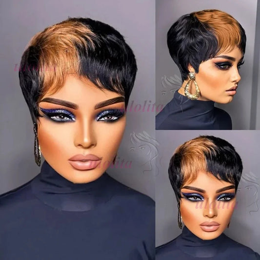 Pixie Cut Wig for Women Glueless Wig With Bangs Virgin Brazilian Remy Human Hair Wig Black Brown Highlight Short Straight Wig