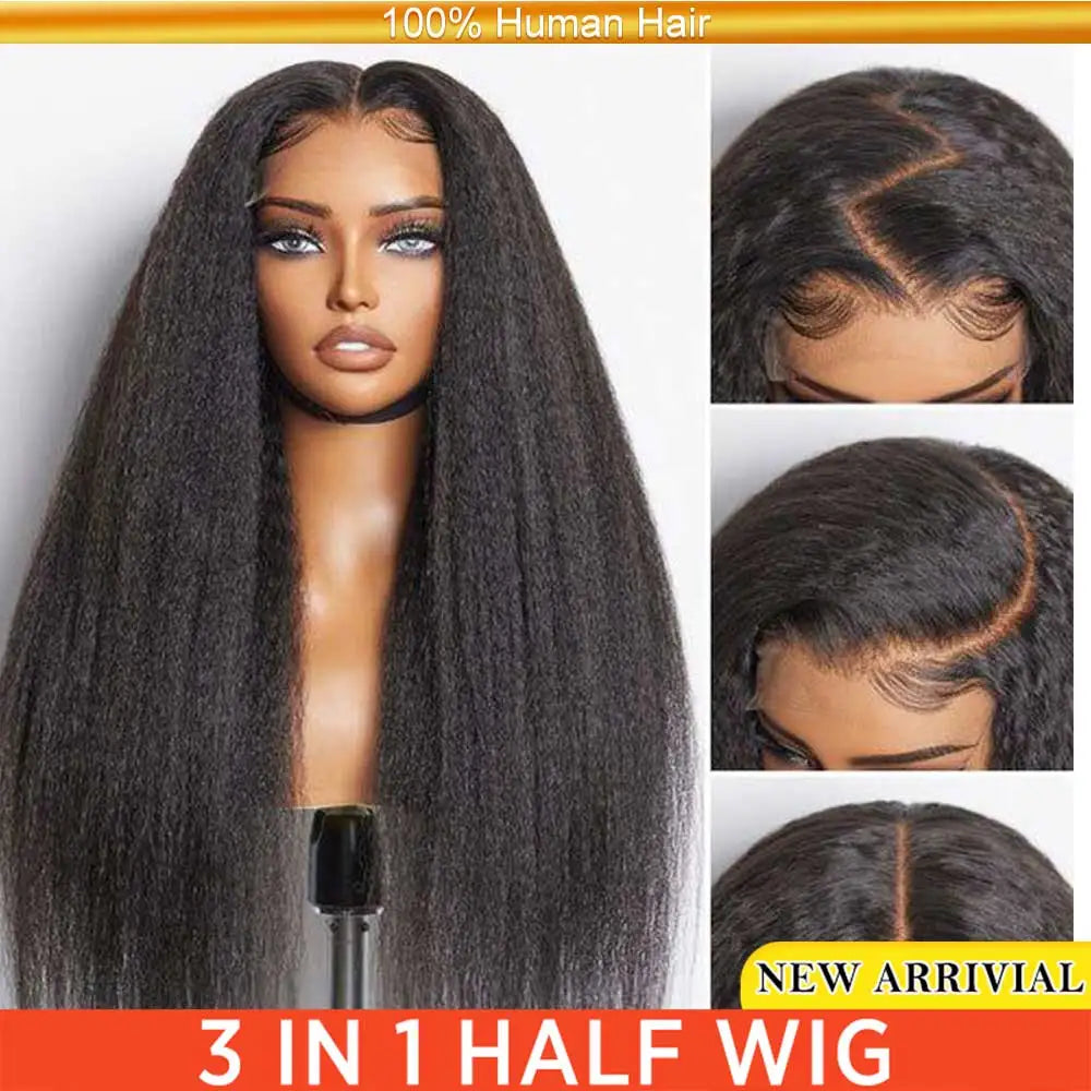 ﻿ Kinky Straight Half Wig Human Hair Ready to Wear 3 IN 1 Half Wig Human Hair Glueless Wig Drawstring Yaki Straight Half  Wig
