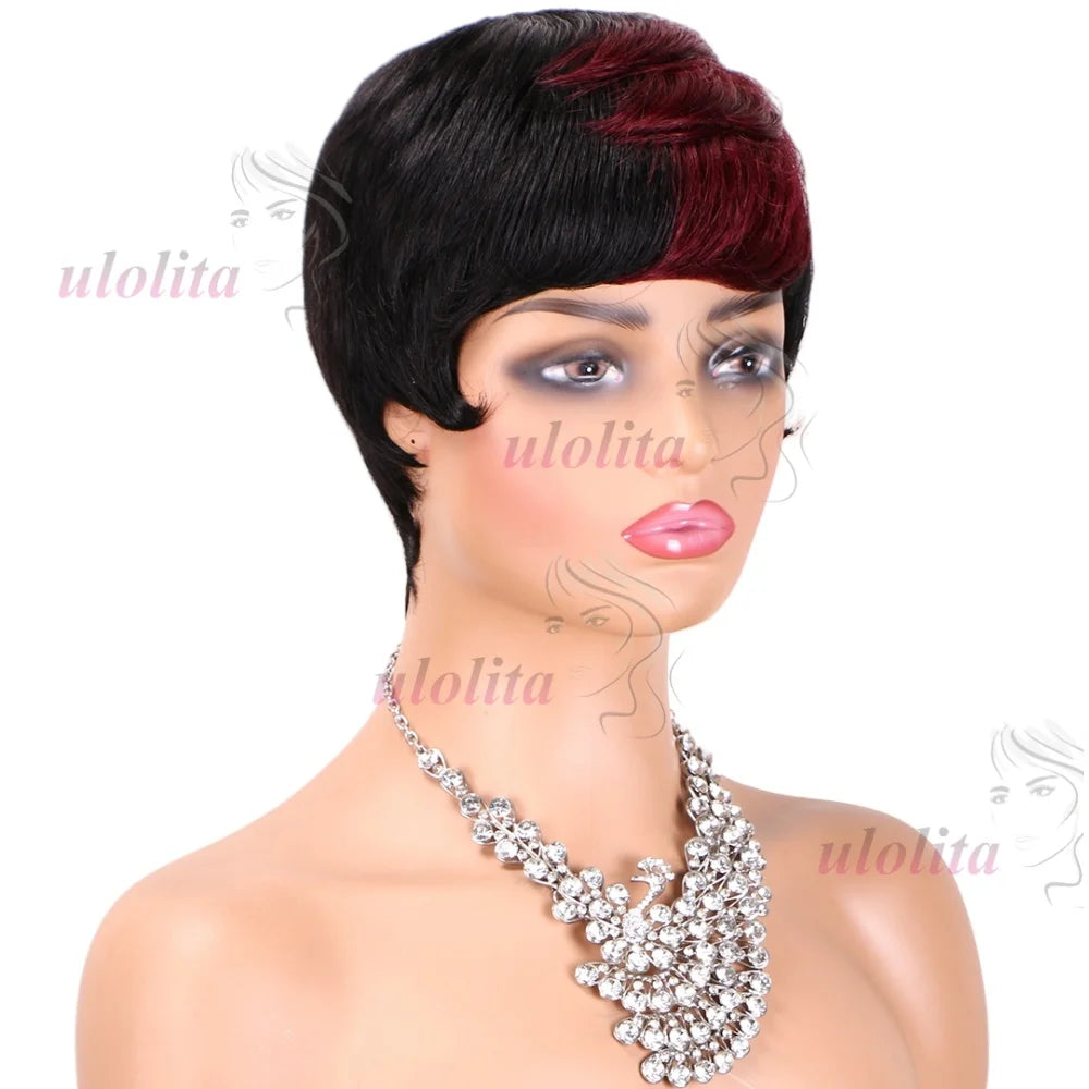 Pixie Cut Wig for Women Glueless Wig With Bangs Virgin Brazilian Remy Human Hair Wig Black Brown Highlight Short Straight Wig