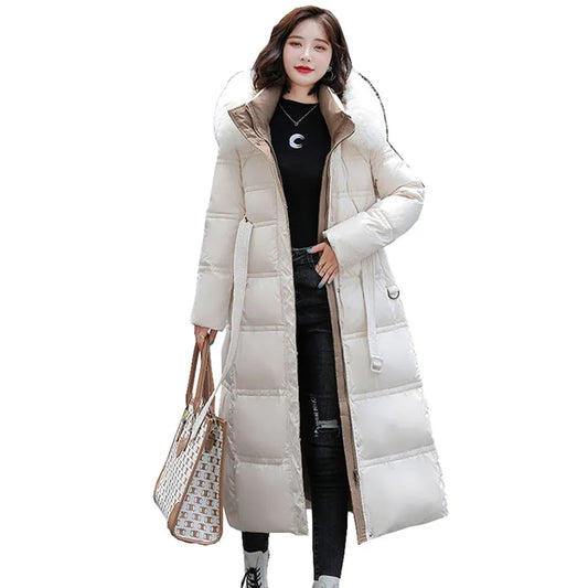 90% White Duck Down Thick Warmth Elegant Hooded Fur Collar Large Size Loose Female Coat 2025 New Women Winter Down Jacket OK1156