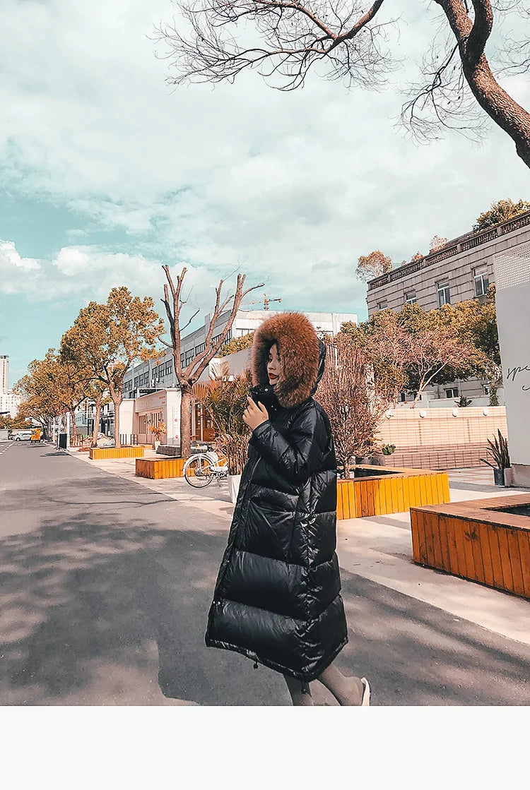 Maomaokong 2022 Women Winter Black Loose Long Down Jacket  Real Fox Fur Collar Hooded Fashion Waterproof Female Extra Large Coat