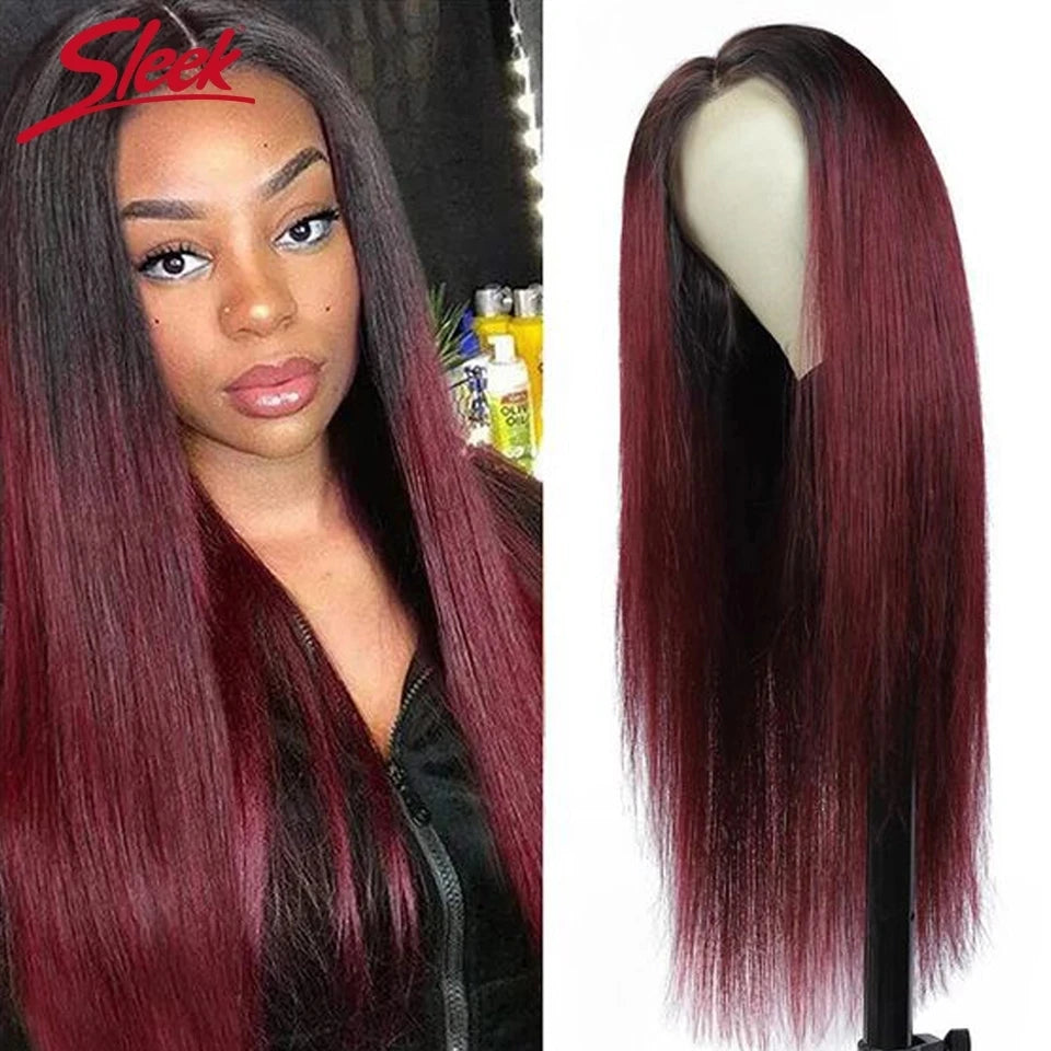 Sleek Red 99J Colored T1B/99J Wig 13*4*1 T Part Lace Front Part Brazilian Straight 22 Inches Human Hair Wigs Natural Remy Hair