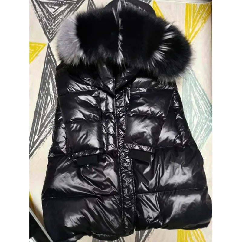 Maomaokong 2022 Women Winter Black Loose Long Down Jacket  Real Fox Fur Collar Hooded Fashion Waterproof Female Extra Large Coat