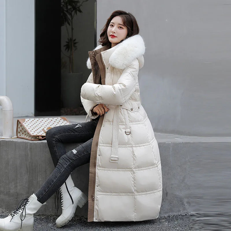90% White Duck Down Thick Warmth Elegant Hooded Fur Collar Large Size Loose Female Coat 2025 New Women Winter Down Jacket OK1156