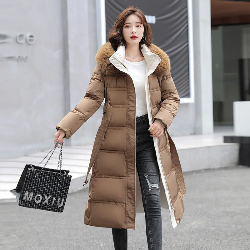 90% White Duck Down Thick Warmth Elegant Hooded Fur Collar Large Size Loose Female Coat 2025 New Women Winter Down Jacket OK1156