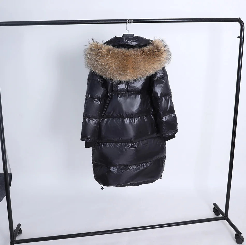 Maomaokong 2022 Women Winter Black Loose Long Down Jacket  Real Fox Fur Collar Hooded Fashion Waterproof Female Extra Large Coat