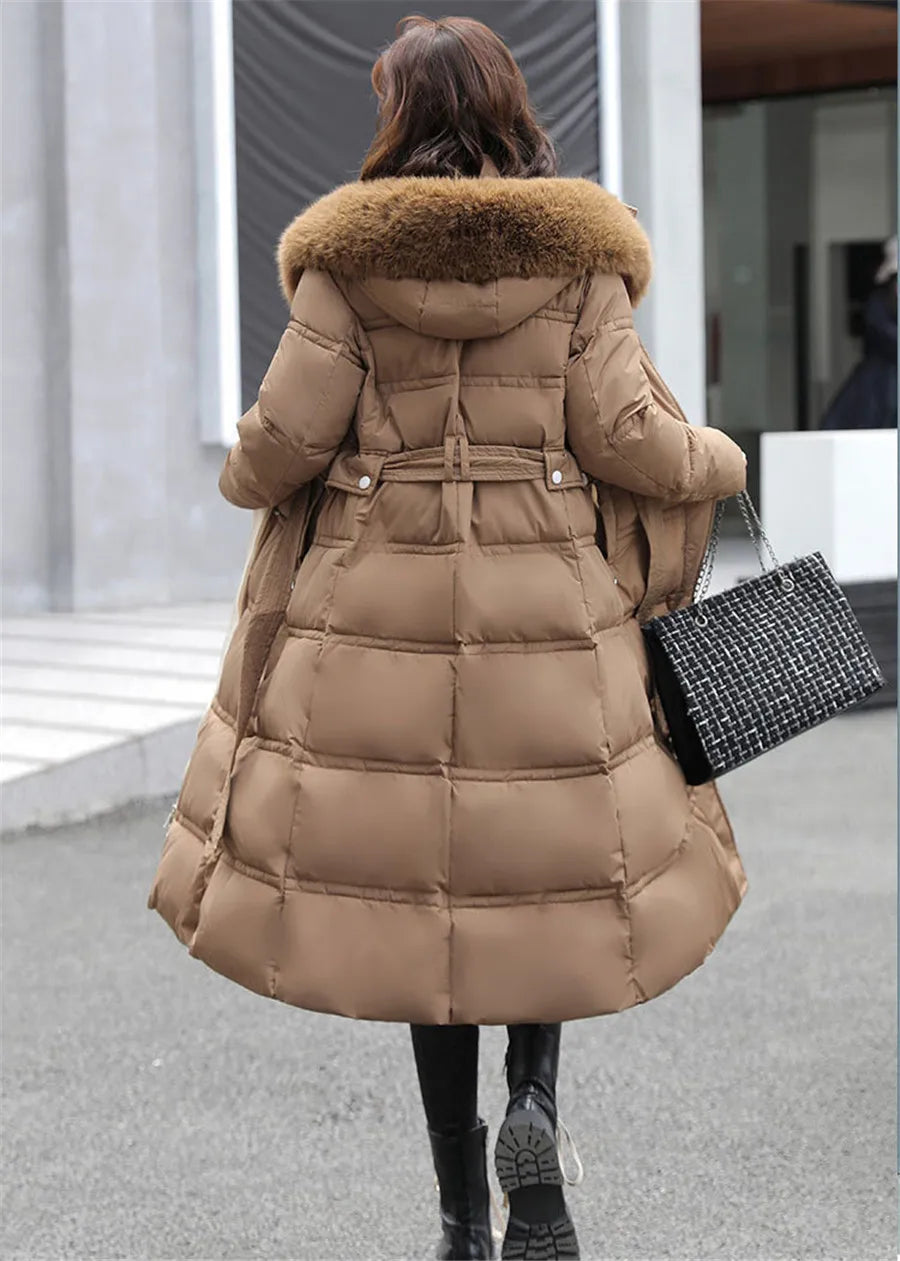 90% White Duck Down Thick Warmth Elegant Hooded Fur Collar Large Size Loose Female Coat 2025 New Women Winter Down Jacket OK1156