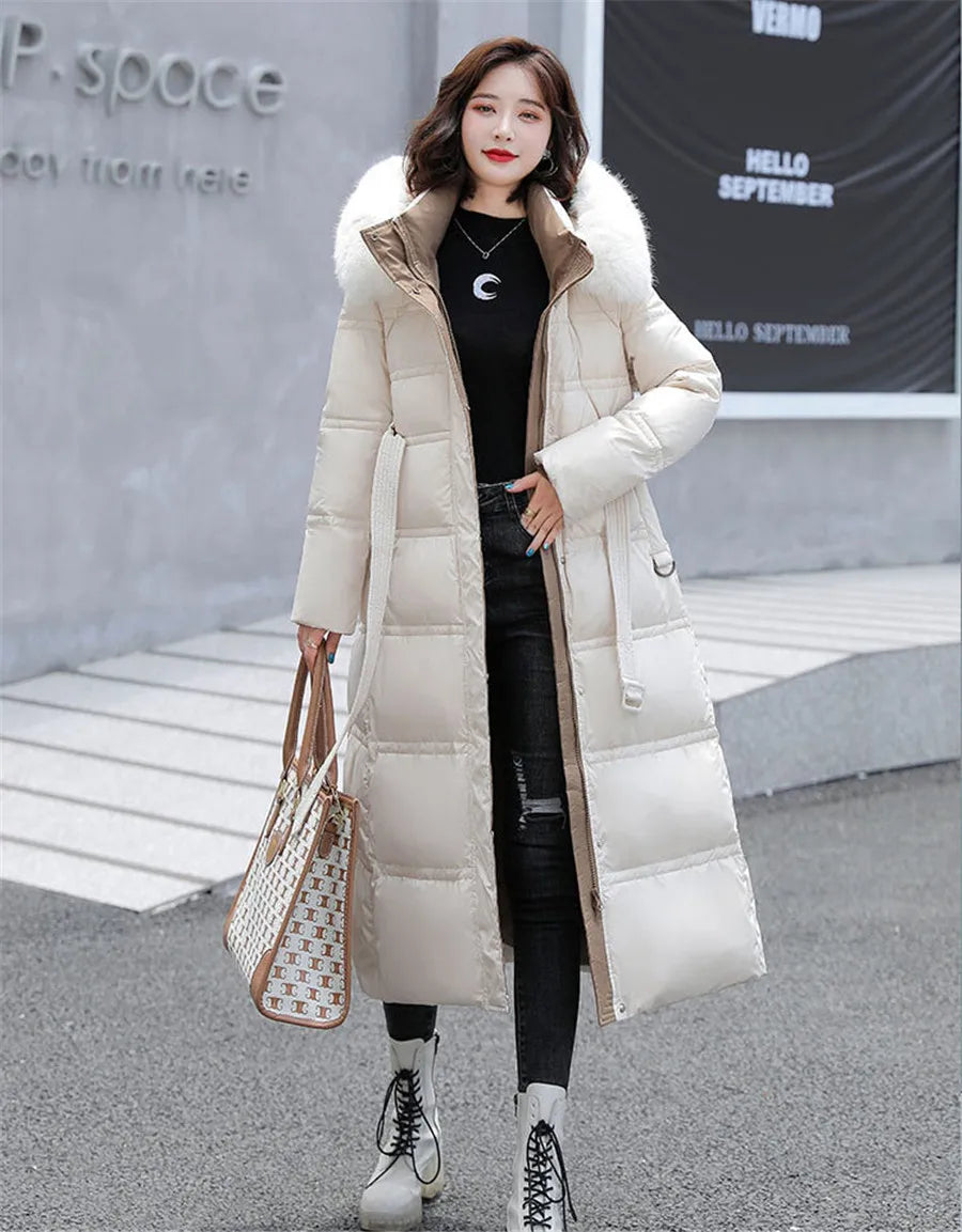 90% White Duck Down Thick Warmth Elegant Hooded Fur Collar Large Size Loose Female Coat 2025 New Women Winter Down Jacket OK1156