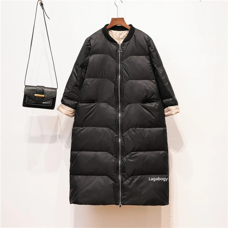 Lagabogy 2025 Thick Warm Long Down Parka WInter Women 90% White Duck Down Jacket Loose Windproof Zipper Coat Female Snow Outwear