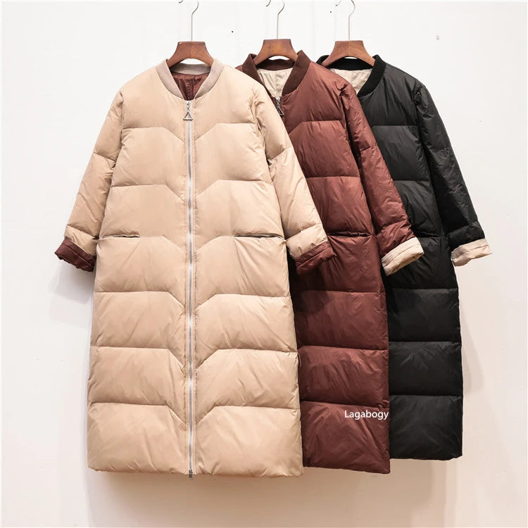 Lagabogy 2025 Thick Warm Long Down Parka WInter Women 90% White Duck Down Jacket Loose Windproof Zipper Coat Female Snow Outwear