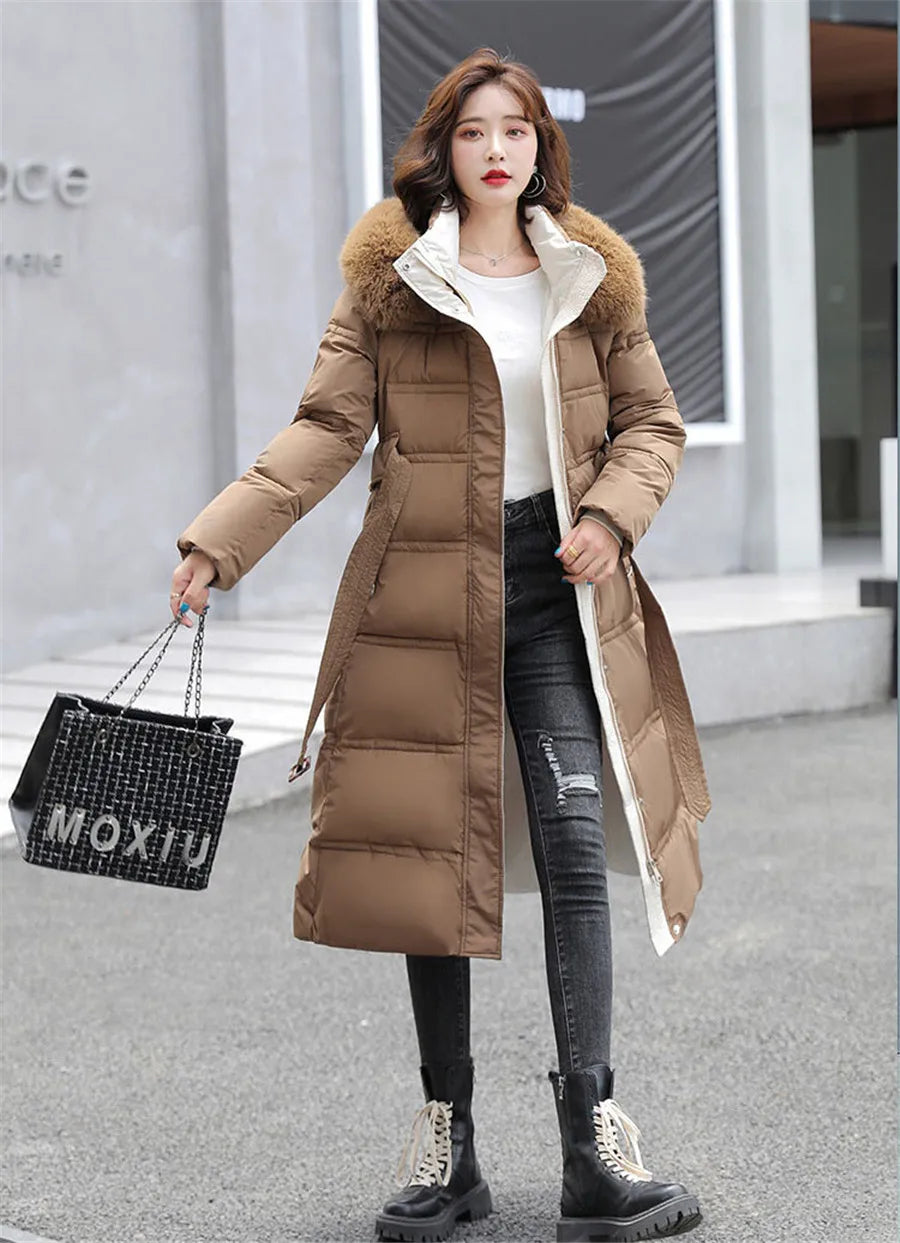 90% White Duck Down Thick Warmth Elegant Hooded Fur Collar Large Size Loose Female Coat 2025 New Women Winter Down Jacket OK1156