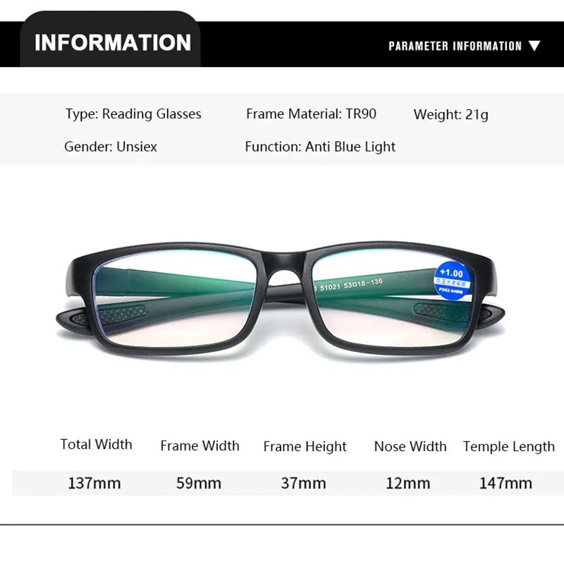 Reading Glasses For Men Women Sports Anti-blue Light Reading Eyewear Black Red TR90 Frame Presbyopia Eyeglasses +100 to+400