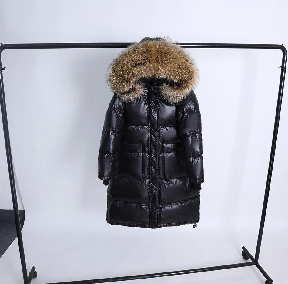 Maomaokong 2022 Women Winter Black Loose Long Down Jacket  Real Fox Fur Collar Hooded Fashion Waterproof Female Extra Large Coat