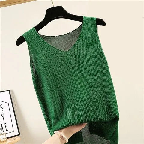 Blusas Mujer De Moda 2024 Blouse Women Summer Sleeveless Knitted Blouse Shirt Women Clothes V-neck Blouse Women Tops Shirts C855
