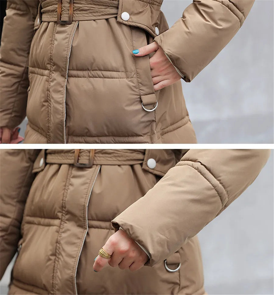 90% White Duck Down Thick Warmth Elegant Hooded Fur Collar Large Size Loose Female Coat 2025 New Women Winter Down Jacket OK1156