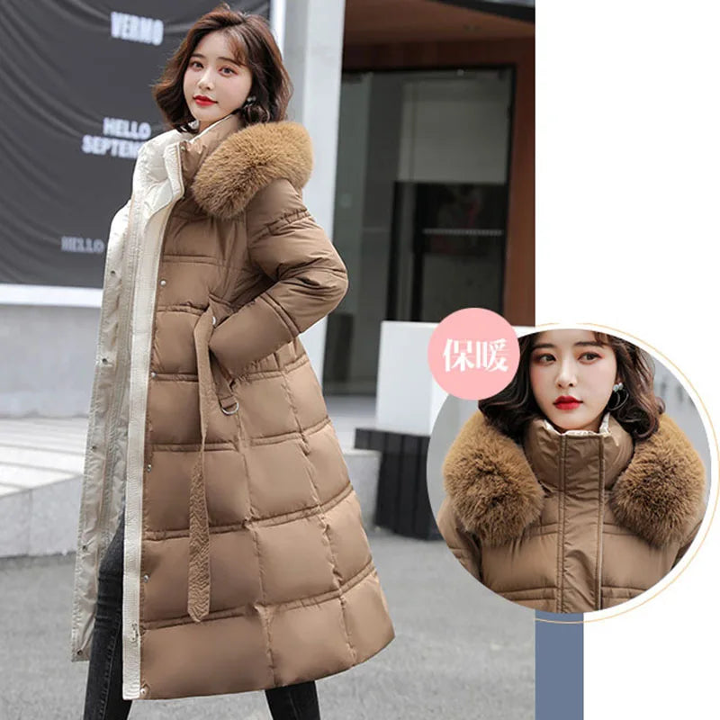 90% White Duck Down Thick Warmth Elegant Hooded Fur Collar Large Size Loose Female Coat 2025 New Women Winter Down Jacket OK1156