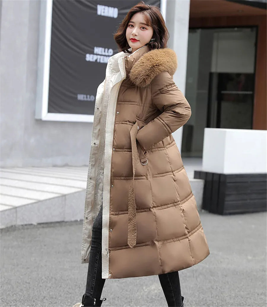 90% White Duck Down Thick Warmth Elegant Hooded Fur Collar Large Size Loose Female Coat 2025 New Women Winter Down Jacket OK1156