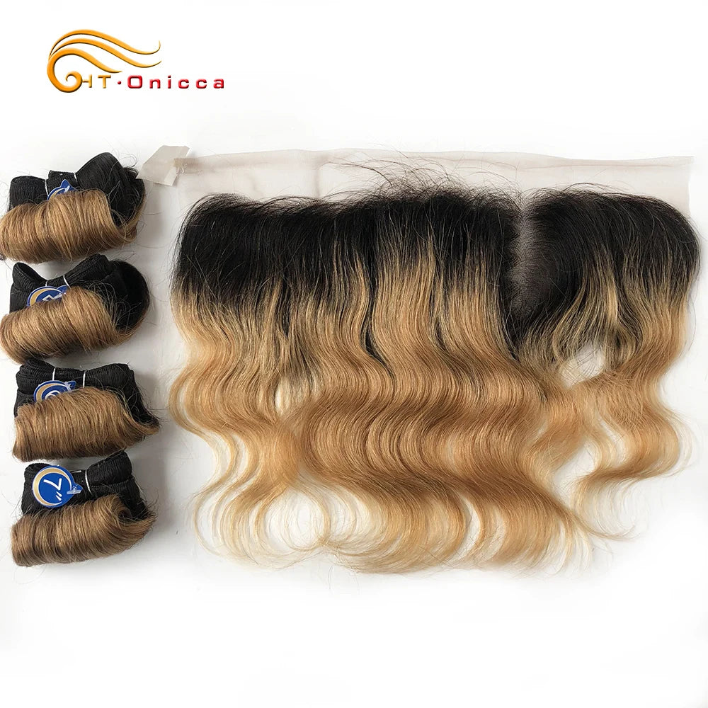 Ombre Curly Hair Bundles With Frontal Raw Brazilian Hair Weave Bundles With Lace Frontal Short Colored Hair Extensions